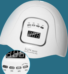 White nail lamp with digital display on a blue background