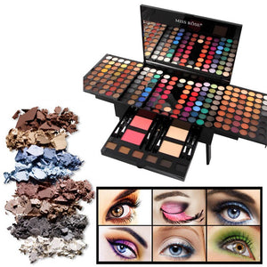 Makeup palette with eyeshadows and a display of eye makeup looks.