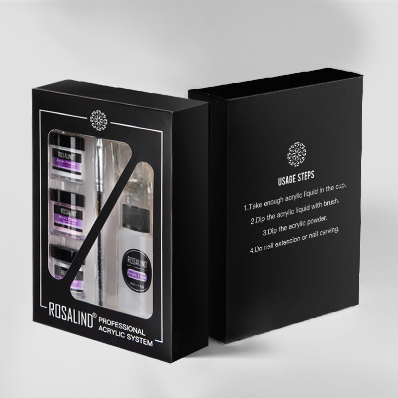 Rosalind acrylic system packaging with usage steps on a white background