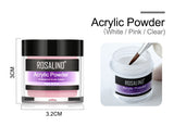 Rosalind acrylic powder container with a brush and measurement details on a white background