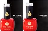 Two red gel bottles labeled 'Base Gel' and 'Top Gel' by MSHARE on a black background.
