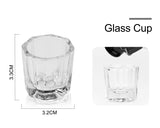 Clear glass cup with dimensions labeled on a white background