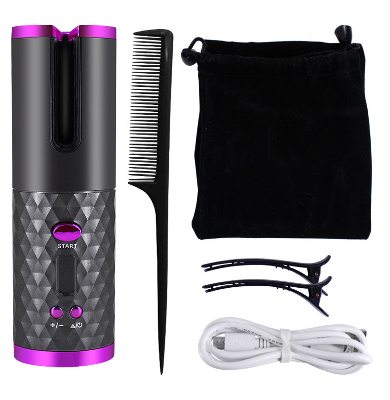 Hair styling tool set with comb, bag, and cable on a white background