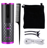 Hair styling tool set with comb, bag, and cable on a white background