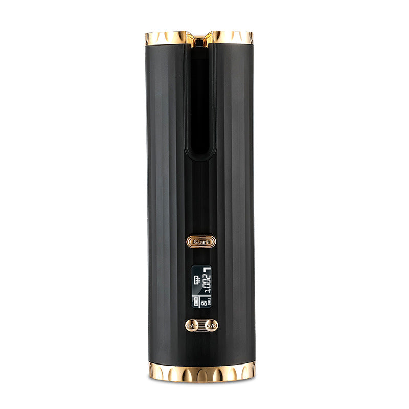 Black electronic device with gold accents on a white background