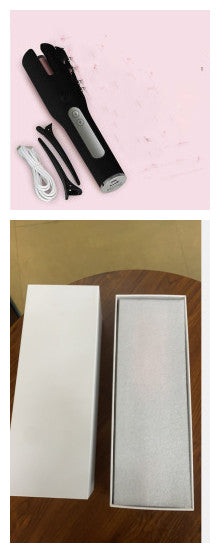 Black hair straightener with accessories on a pink background, followed by a white box with a filter on a wooden surface.