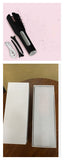 Black hair straightener with accessories on a pink background, followed by a white box with a filter on a wooden surface.