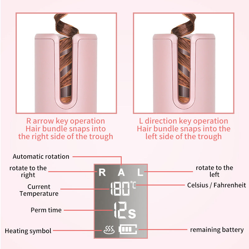Hair styling device with digital display and control buttons on a pink background