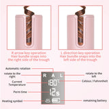 Hair styling device with digital display and control buttons on a pink background