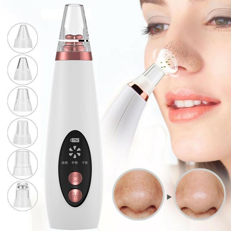 Beauty device with attachments and a close-up of a woman using it on her nose.