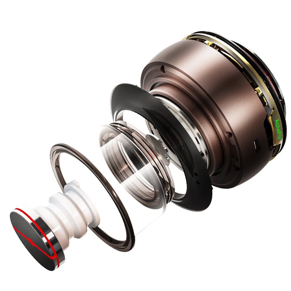 Close-up of a high-tech earbud with metallic and black design on a white background