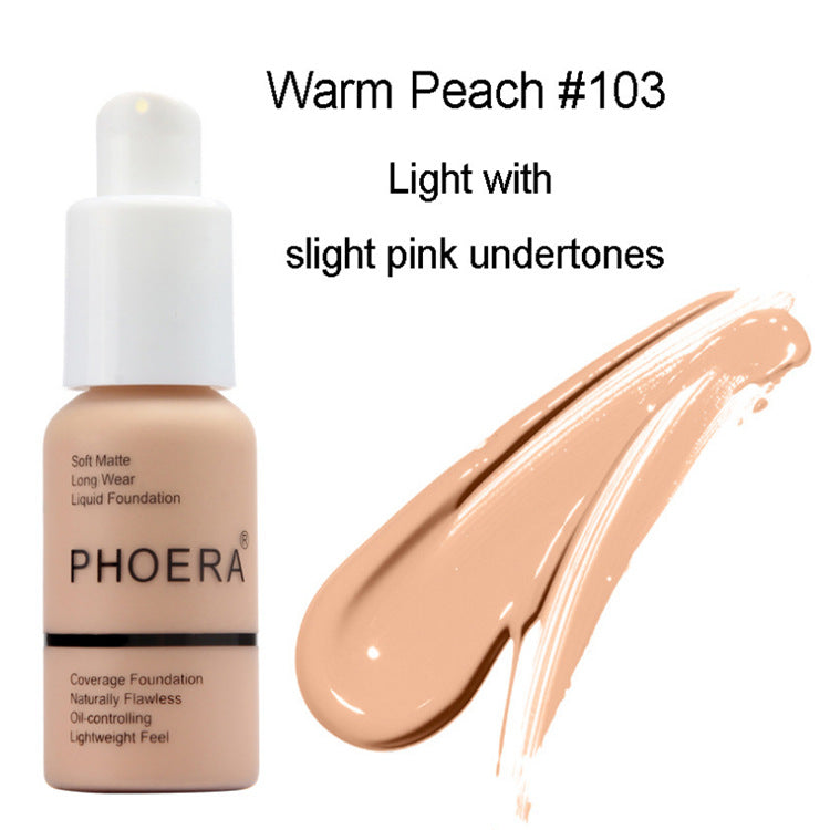 PHOERA foundation bottle with Warm Peach #103 swatch on a white background