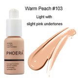 PHOERA foundation bottle with Warm Peach #103 swatch on a white background
