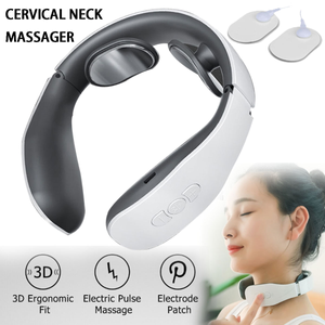 Cervical neck massager with 3D ergonomic fit, electric pulse massage, and electrode patch features.