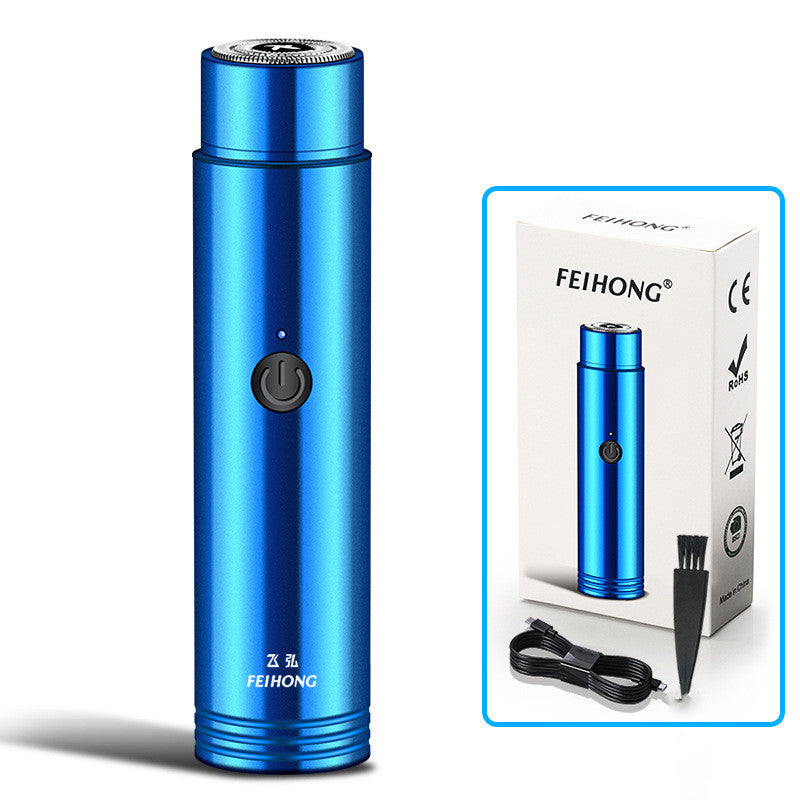 Blue electronic device with power button and packaging on a white background