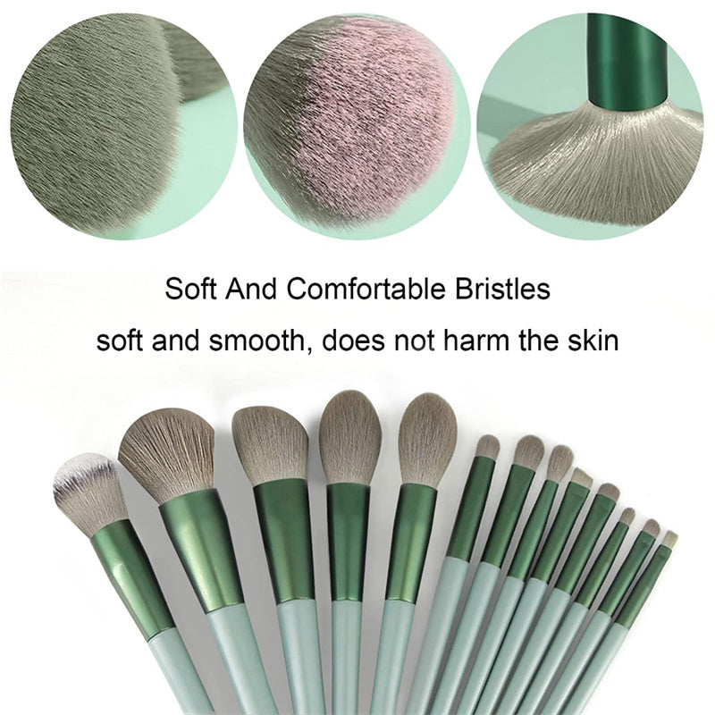 Set of makeup brushes with close-up shots of soft bristles and text highlighting their comfort.