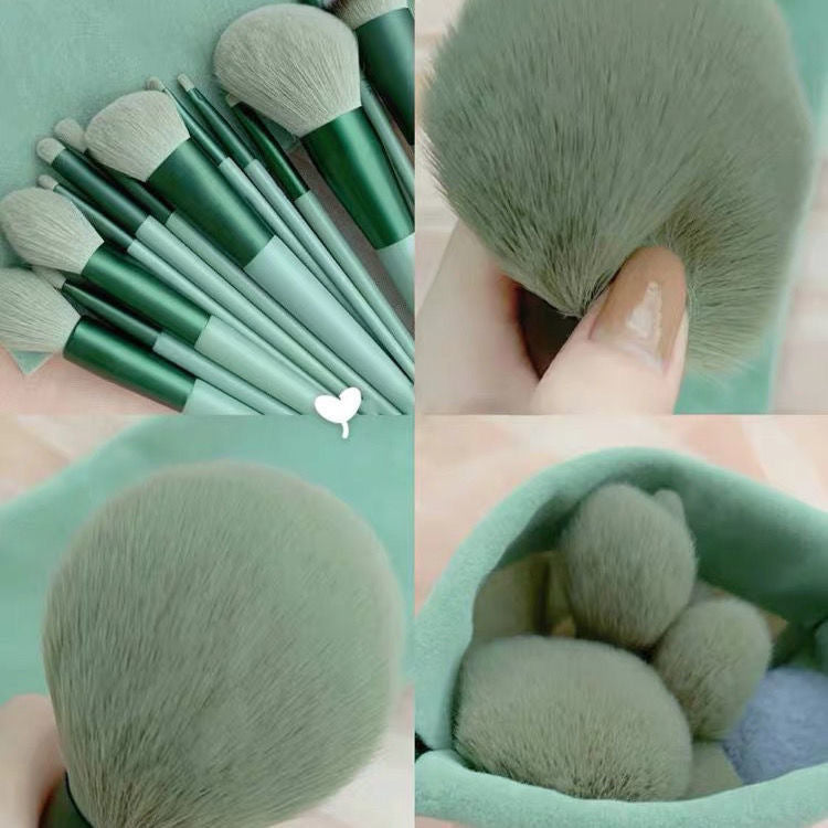Set of green makeup brushes with close-up shots of bristles and packaging.