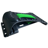 Black and green plastic component on a white background