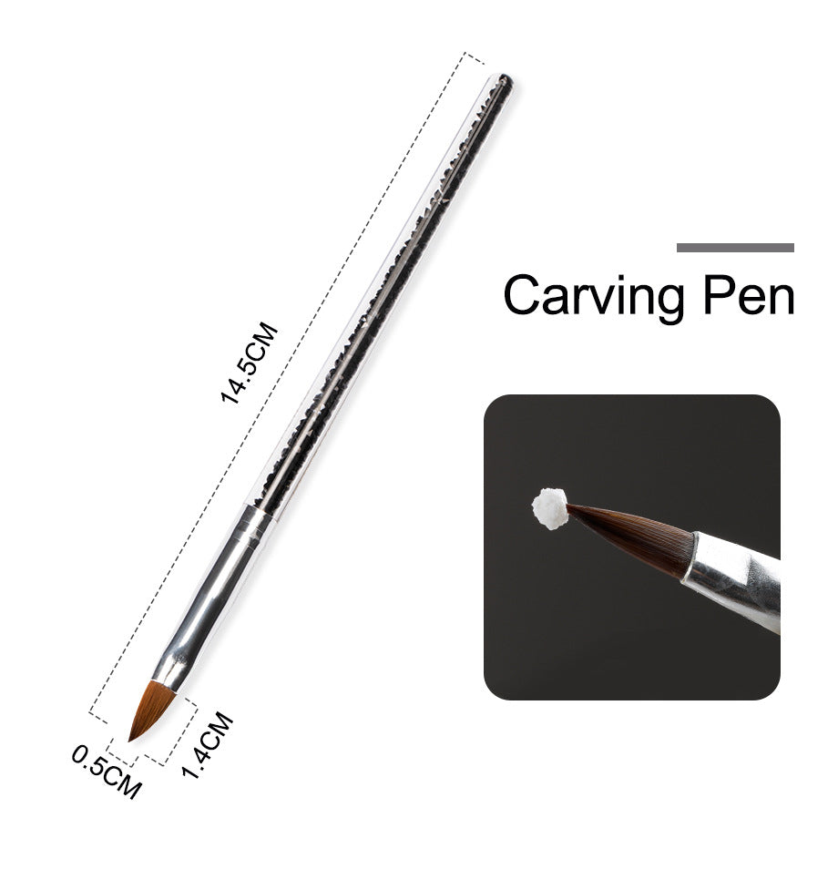 Carving pen with measurements and close-up of brush tip on a white background
