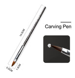 Carving pen with measurements and close-up of brush tip on a white background