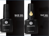 MSHARE base gel and top gel bottles on a black background
