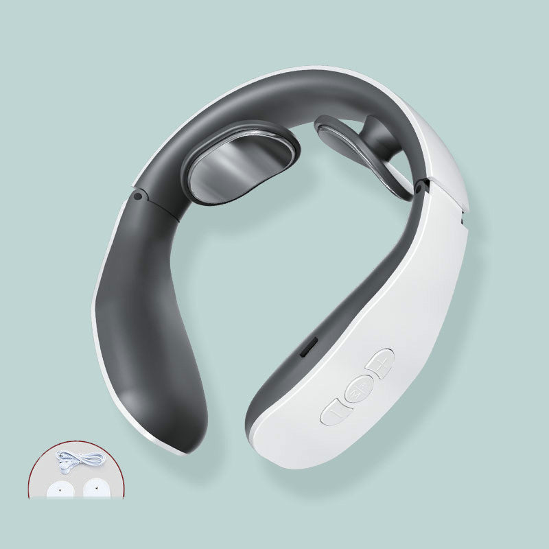 White and gray neck massager on a light blue background