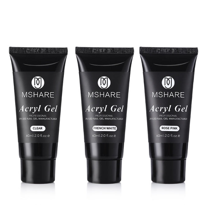 Three tubes of MSHARE Acryl Gel on a white background