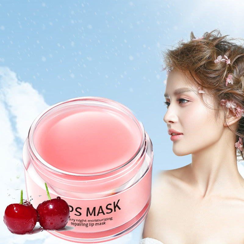 Pink lip mask jar with cherries and a woman's face on a light blue background