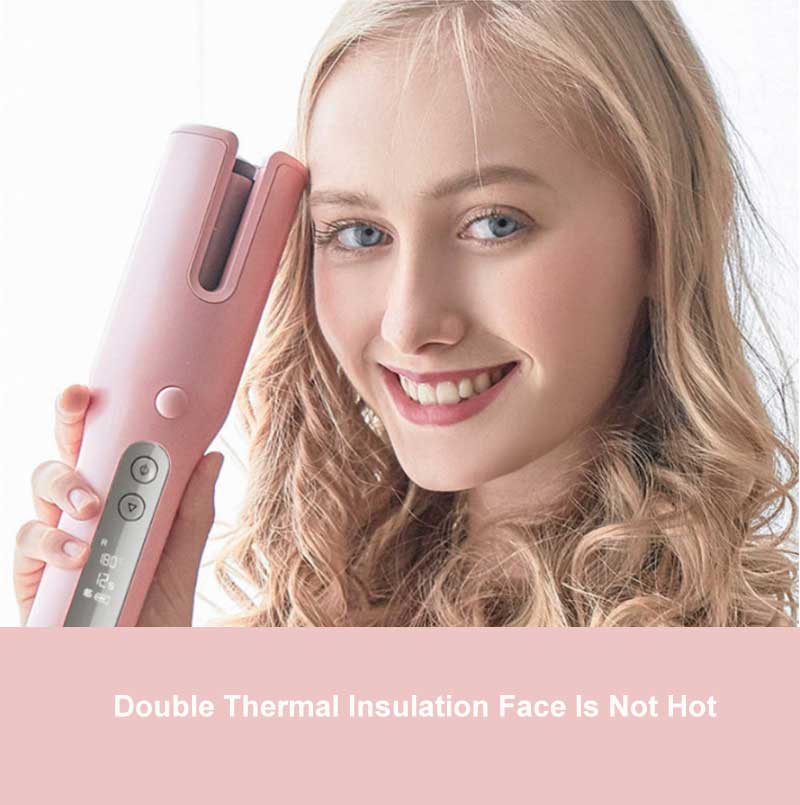 Woman holding a pink hair straightener with text about thermal insulation.