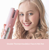 Woman holding a pink hair straightener with text about thermal insulation.