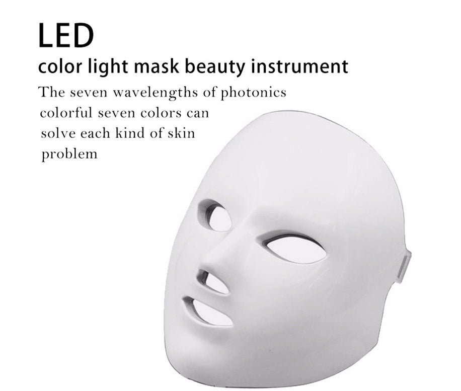 White LED color light mask beauty instrument on a white background with text about its features.