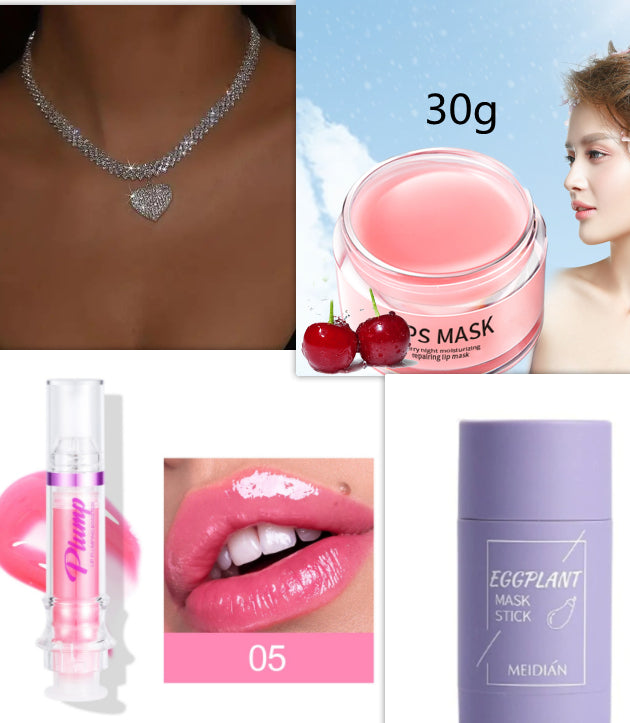 Collage of beauty products including a necklace, lip mask, lip balm, and face mask stick.