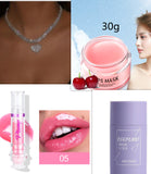 Collage of beauty products including a necklace, lip mask, lip balm, and face mask stick.