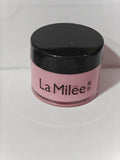 Pink jar with black lid labeled 'La Mileèe' on a white background
