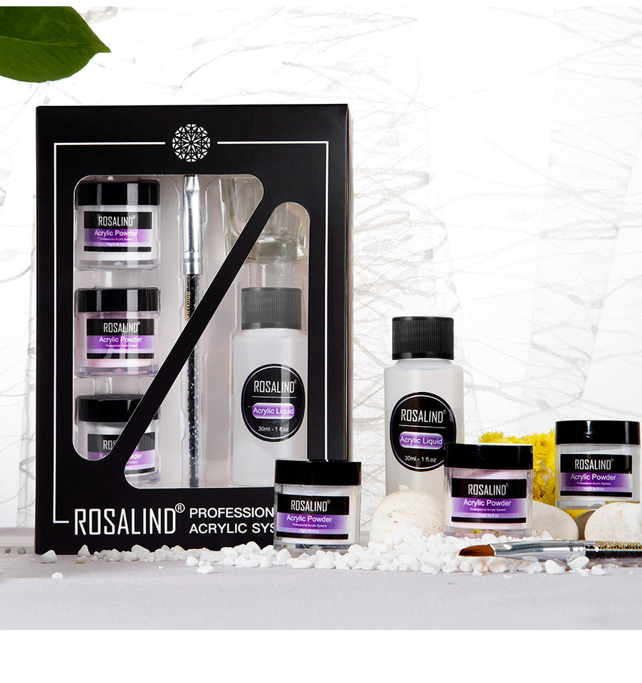 Rosalind acrylic system packaging with bottles and tools on a white background