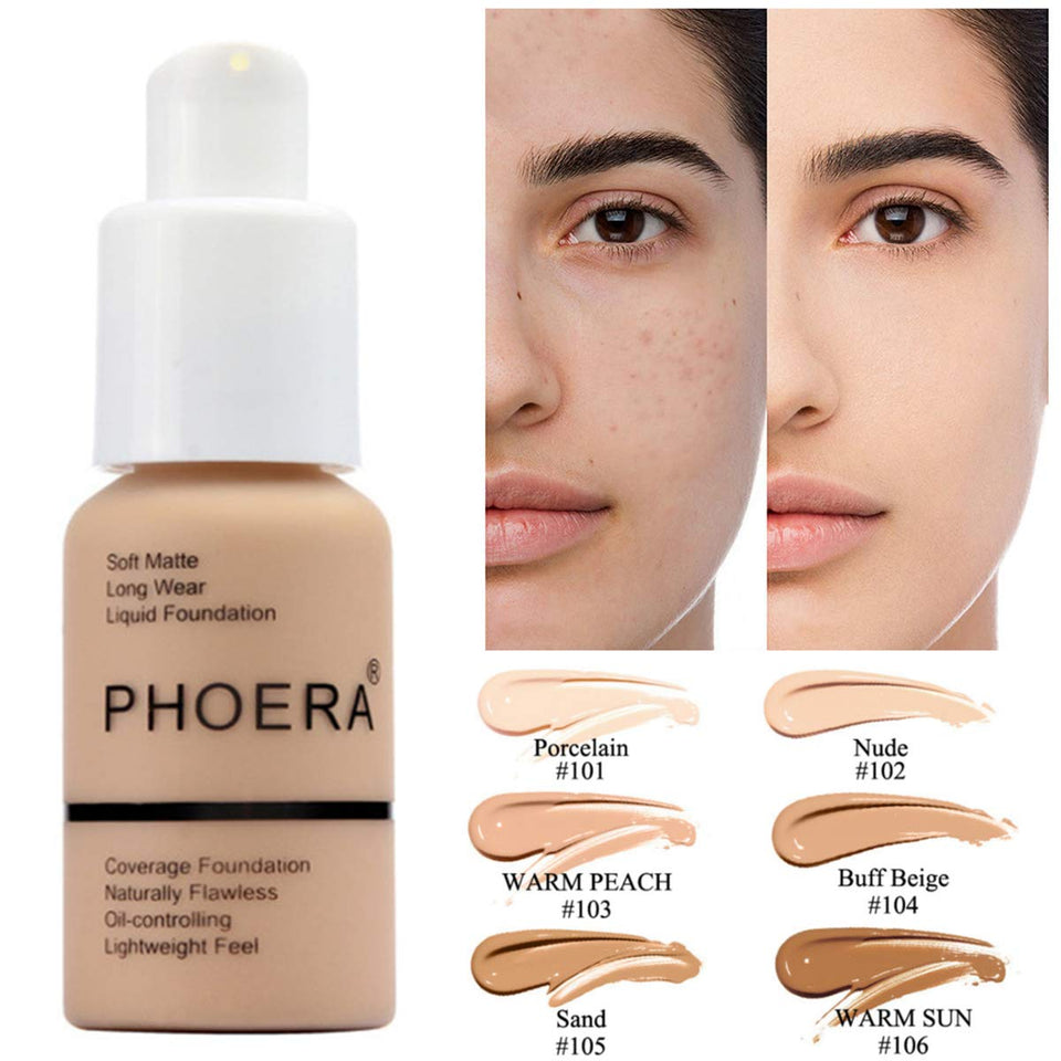 PHOERA foundation bottle with color swatches and before/after application on skin
