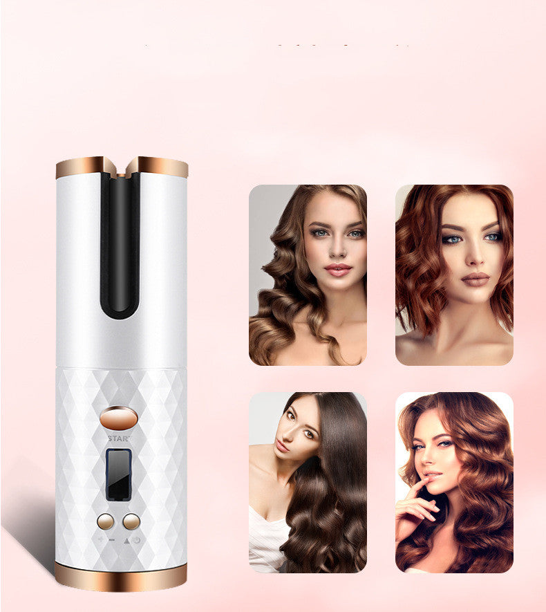 Hair styling device with images of women with styled hair on a pink background