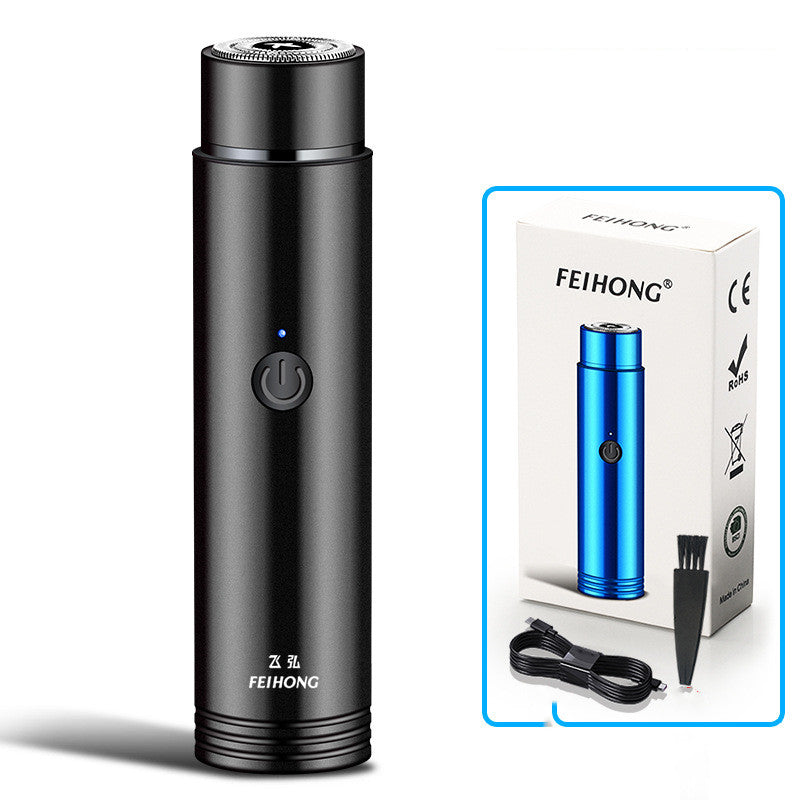 Black electronic device with power button and 'Feihong' branding, alongside a blue device and packaging on a white background.