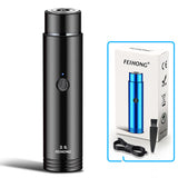 Black electronic device with power button and 'Feihong' branding, alongside a blue device and packaging on a white background.