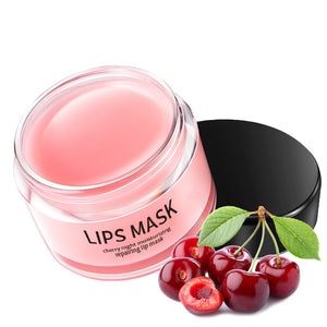 Lips mask jar with cherry night moisturizing repair lip mask, surrounded by cherries and leaves on a white background.