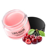 Lips mask jar with cherry night moisturizing repair lip mask, surrounded by cherries and leaves on a white background.