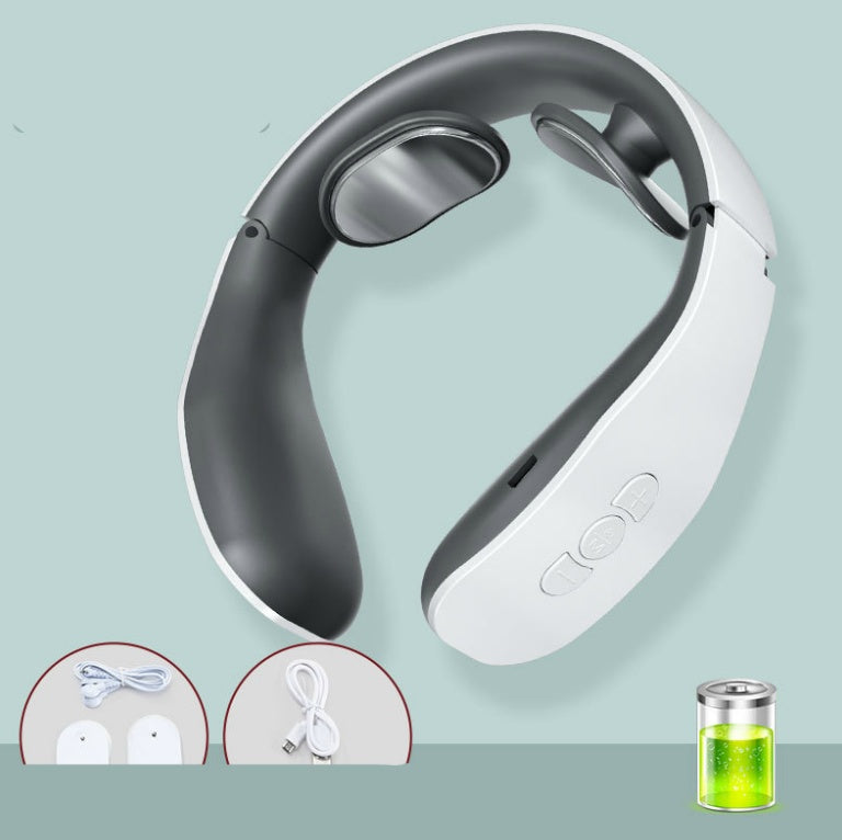 Neck massager with charging cable and power adapter on a light blue background