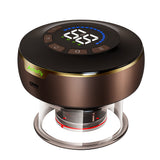 Round electronic device with digital display on a white background