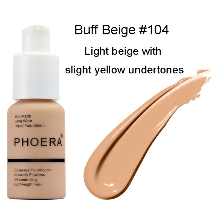 PHOERA foundation bottle with Buff Beige #104 swatch on a white background