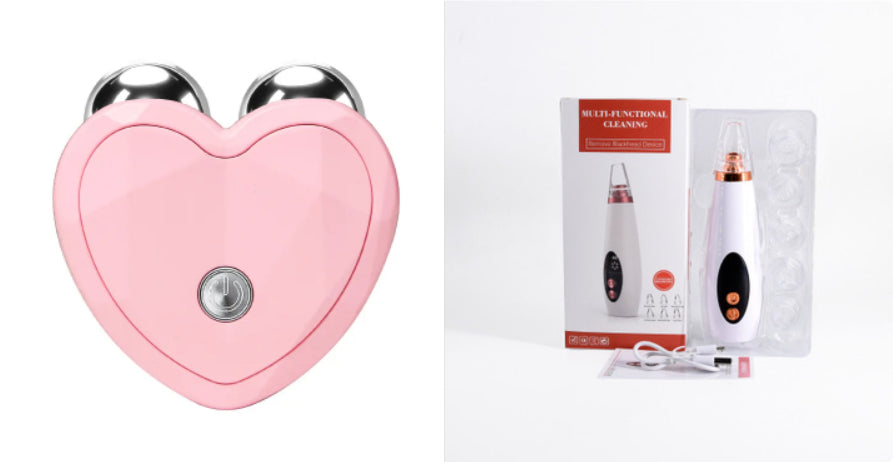 Pink heart-shaped device with silver accents on a white background, next to its packaging.
