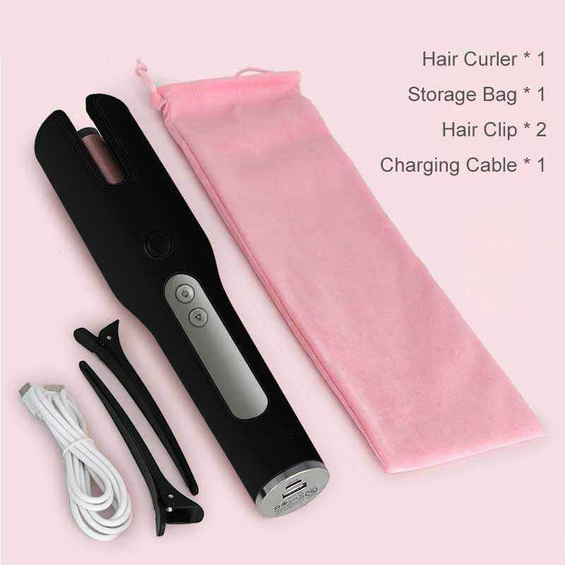 Hair curler with accessories including a storage bag, hair clips, and charging cable on a pink background.