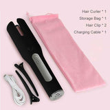 Hair curler with accessories including a storage bag, hair clips, and charging cable on a pink background.