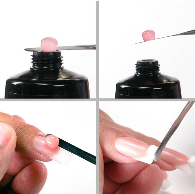 Step-by-step process of applying nail polish with a brush.