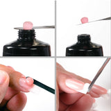 Step-by-step process of applying nail polish with a brush.
