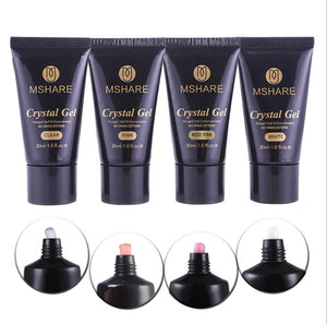 Four tubes of MSHARE Crystal Gel with close-up insets showing the gel application.